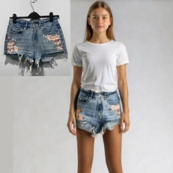 Garage Floral Festival High Rise Jean Shorts​​​​ - Picture 1 of 14